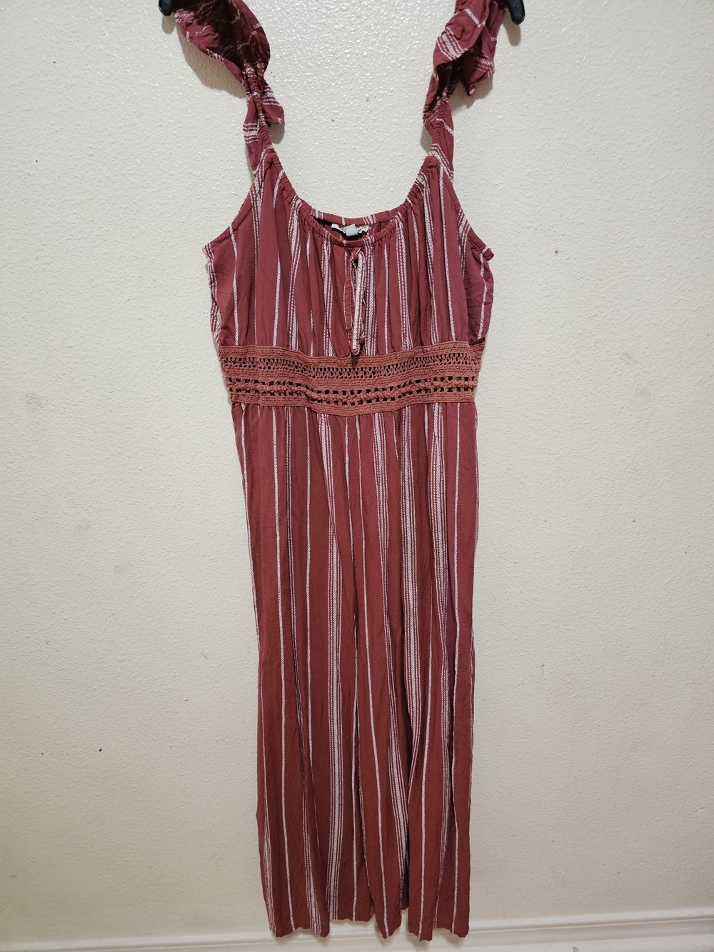 Derek Heart Rust Red & White Striped Wide Leg Jumpsuit with Crochet Waist -XL